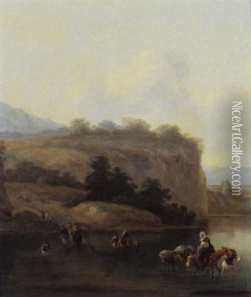 An Italianate Landscape With Muleteers Crossing A River Oil Painting - Jan Asselijn