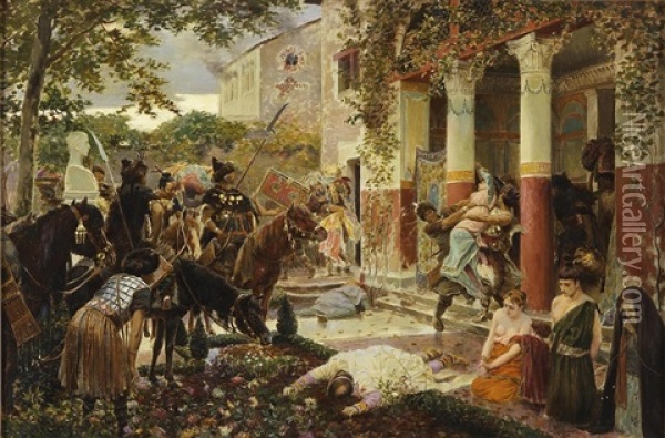 Pillage D'une Villa Gallo Romaine Par Les Tartares Oil Painting - Georges Antoine Rochegrosse
