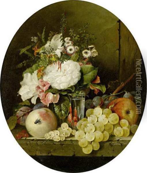Still Life With Flowers And Fruit On A Marble Ledge Oil Painting - Edward Ladell