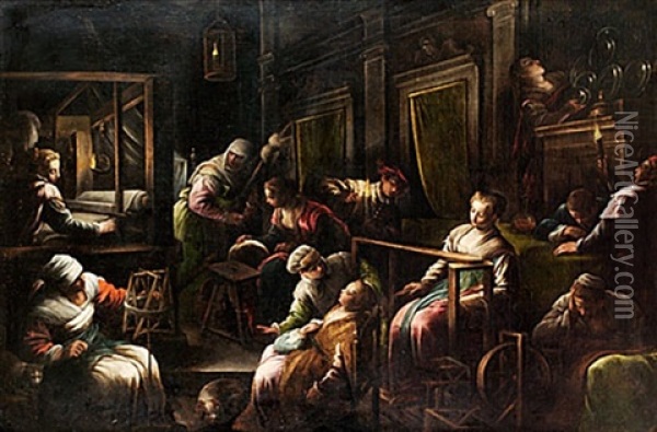 Interior Med Husliga Sysslor Oil Painting - Jacopo dal Ponte Bassano