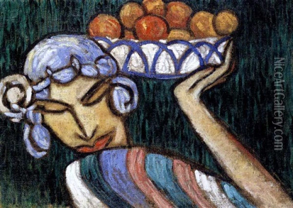 La Femme Au Plat D'oranges Oil Painting - Alexis Merodack-Jeaneau