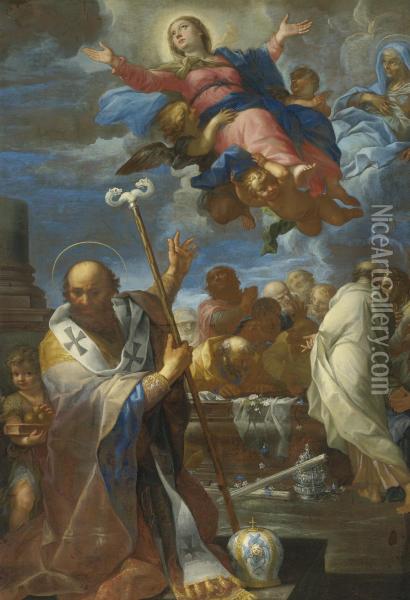 The Assumption Of The Virgin With Saints Anne And Nicholas Of Myra Oil Painting - Giovanni Battista Lenardi