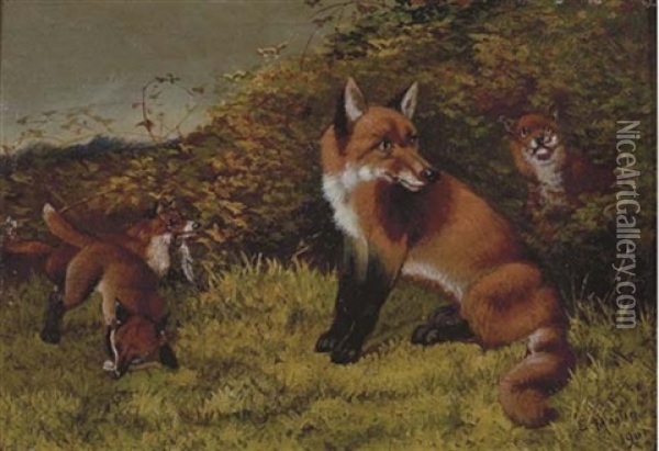 Mother Hound With Her Puppies (+ Mother Fox With Her Young; Pair) Oil Painting - Sylvester Martin