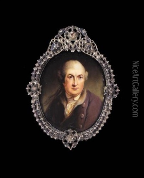 Portrait Of David Garrick, Head And Shoulders, His Hair Powdered, Wearing A Brown Jacket With A Fur Collar (after Robert Edge Pine) Oil Painting - William Essex