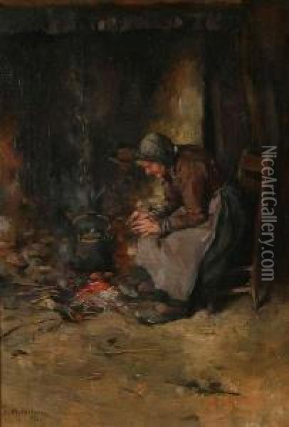 Vrouw Bij Het Haardvuur Oil Painting - Joseph Middeleer