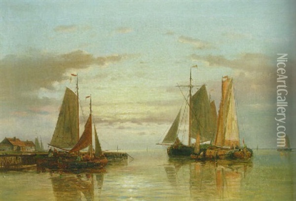An Estuary At Dawn With Sailing Vessels At Anchor Oil Painting - Abraham Hulk the Elder