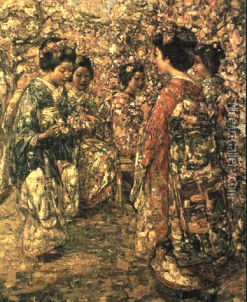 Five Japanese Girls Among Blossoming Trees Oil Painting - Edward Atkinson Hornel