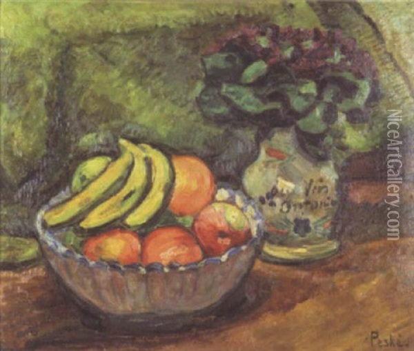 Compotier De Fruits Et Pichet Fleuri Marquee Au Vin D'antonin Oil Painting - Jean Peske