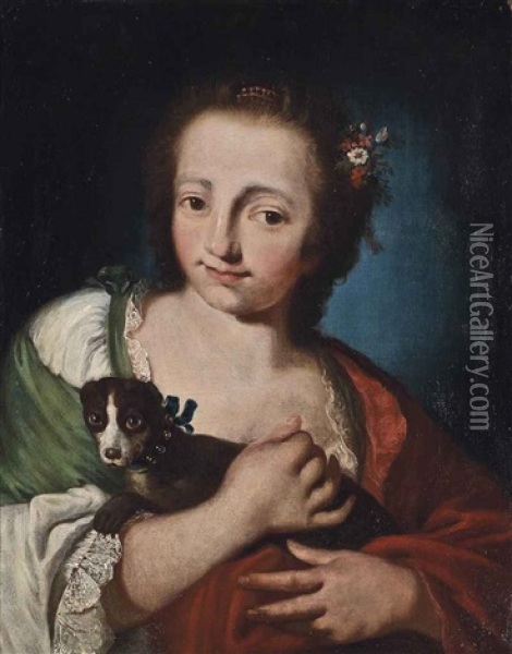 Portrait Of A Lady, Half-length, In A Green Lace-trimmed Dress And A Red Wrap, With A Dog Oil Painting - Giuseppe Nogari