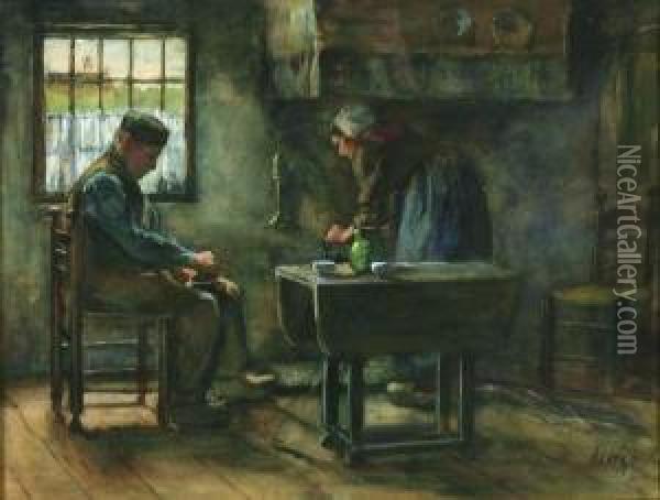Man And Woman In A Kitchen Oil Painting - Jacob Simon Hendrik Kever