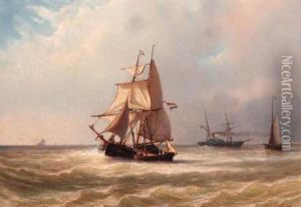 A Full-rigged Koff In A Breeze, A Paddle Steamer Beyond Oil Painting - Georges Johannes Hoffmann