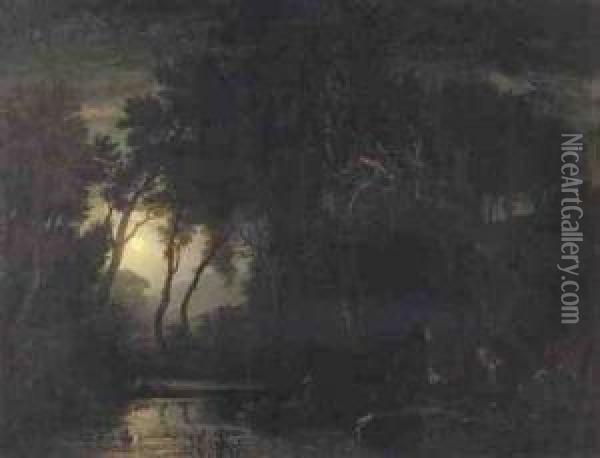 Moonlit Lake Oil Painting - Johann Wilhelm Schirmer