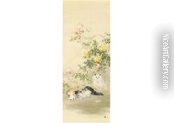 Cat With Flower Oil Painting - Suiseki Ohashi