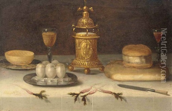 A Silver-gilt Salt Holder, A Loaf Of Bread, A Knife, Facon-de-vanise Wine Glasses, Eggs On A Silver Platter And Parsnips, All On A Draped Table Oil Painting - Jacob Foppens van Es (Essen)