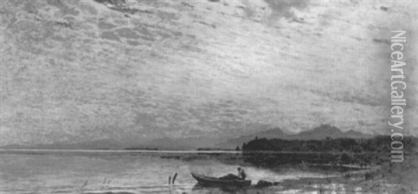 Mann In Einem Boot Am Ufer Eines Sees Mit Bergkulisse Oil Painting - Richard Von Poschinger