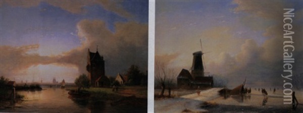 Hollandische Sommerlandschaft (+ Hollandische Winterlandschaft, Signed; Pair) Oil Painting - Jacobus Freudenberg