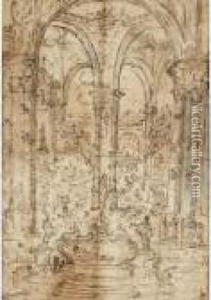 [follower Of Gaspar Van Wittel, 
Called Vanvitelli ; Fantastical View Of A Palace Interior ; Pen And 
Brown Ink] Oil Painting - (circle of) Wittel, Gaspar van (Vanvitelli)