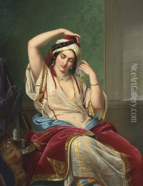 A Harem Beauty At Her Toilette Oil Painting - Paul Emil Jacobs