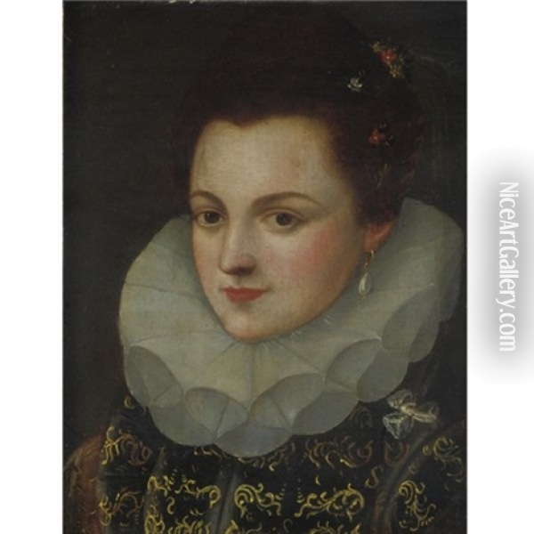 Portrait Of A Lady Wearing A Black Dress With Gold Brocade And A White Ruff Oil Painting - Frans Pourbus the Elder