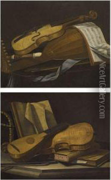 A Still Life Of A Violin, A Lute And A Recorder On A Table Oil Painting - Cristoforo Munari