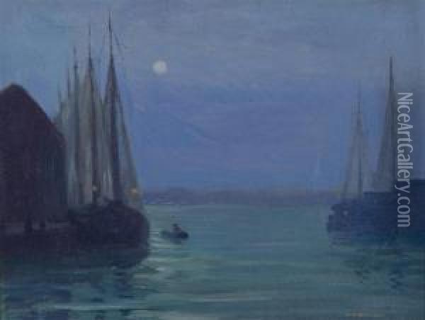 Nightime Scene Of Sailboats In A Harbor Oil Painting - Charles H. Walthers