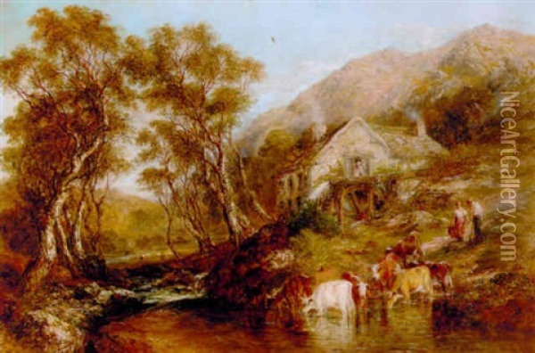 Cattle Watering By A Watermill Oil Painting - Frederick Henry Henshaw