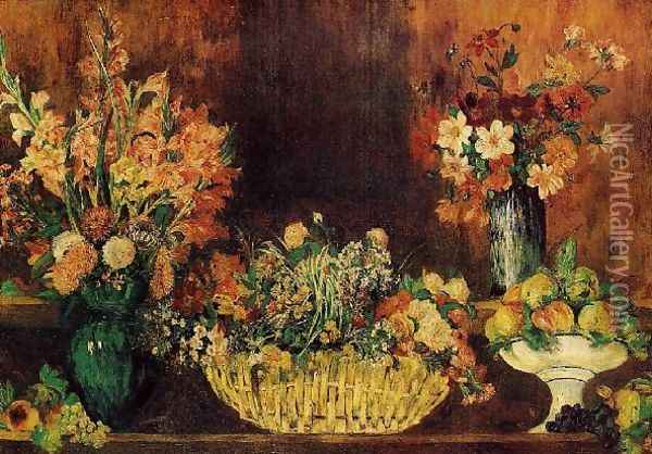 Vase Basket Of Flowers And Fruit Oil Painting - Pierre Auguste Renoir