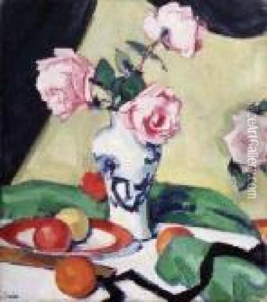 A Still Life Of Pink Roses And Fruit Oil Painting - Samuel John Peploe