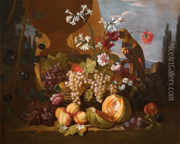 A Parrot, A Melon, Peaches And A Basket With Grapes Oil Painting - Carlo Lanfranchi