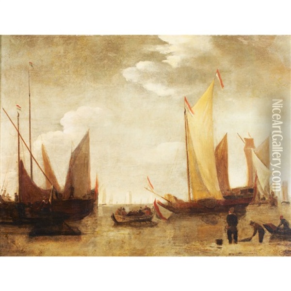Boats At Low Tide Oil Painting - Willem van de Velde the Elder