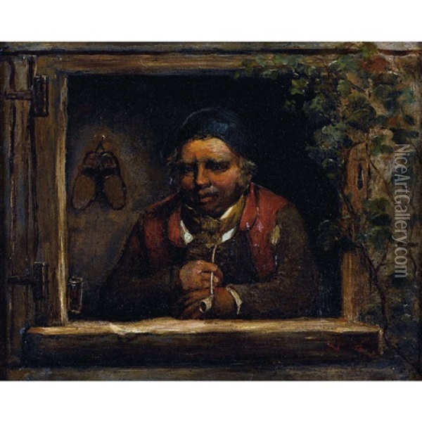 Mann Mit Pfeife Im Fensterausschnitt Oil Painting - Hermann Kern