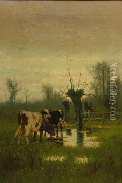 Cattle Watering By A River With Woodland Oil Painting - William Frederick Hulk
