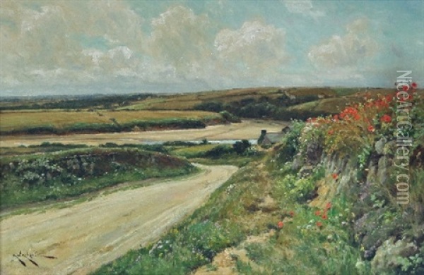 Estuary Scene With Poppies And Cottage By The Roadside Oil Painting - Arthur William Redgate