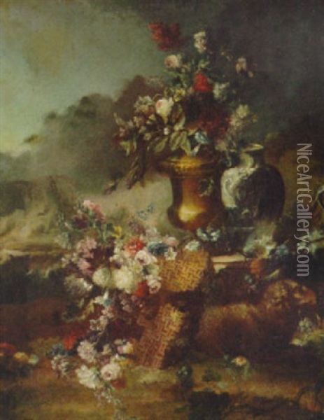 Roses, Carnations, Morning Glory And Other Flowers In An Urn On A Ledge With Other Flowers In A Basket And A Sheep In A Landscape Oil Painting - Nicola Casissa