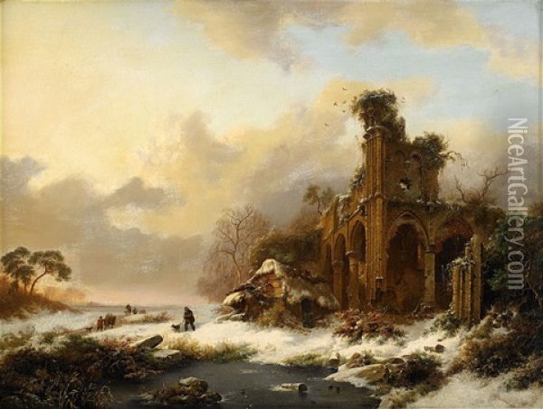 Winter Landscape With Castle Ruin Oil Painting - Frederik Marinus Kruseman