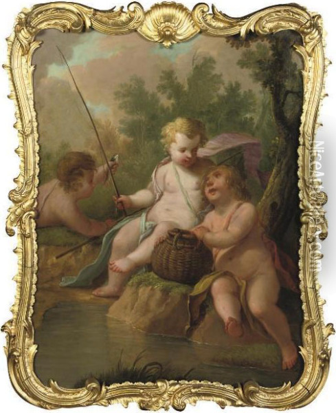 Three Putti Fishing In A Wooded Landscape Oil Painting - Jacob de Wit