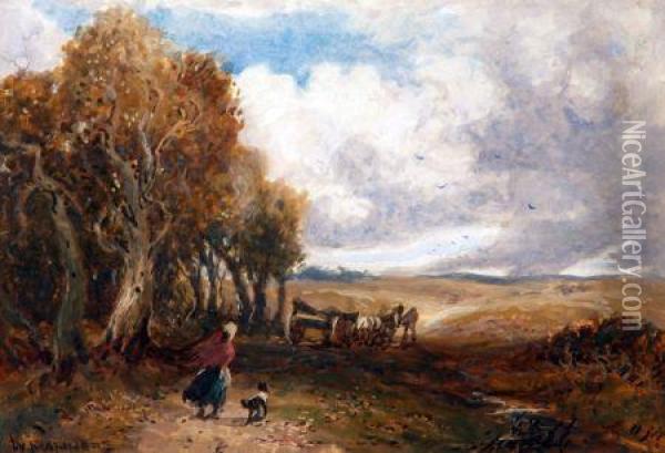 Figures, Horse And Cart With Dog In Windswept Landscape Oil Painting - William Manners