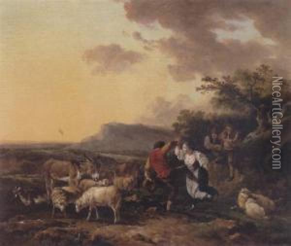 Shepherd And Shepherdess Dancing Amidst Their Flock In A Landscape Oil Painting - Loutherbourg, Philippe de