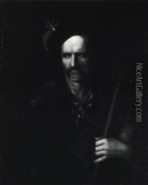 Portrait Of A Hussar Wearing A Fur-lined Cloak And Cap Oil Painting - Johann (Jan) Kupetzki