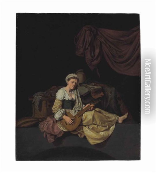 Woman With A Cittern Before A Table With Books And Other Musical Instruments Oil Painting - Cornelis Pietersz Bega