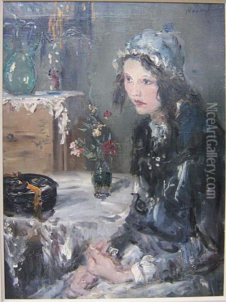 Jonge Vrouw Aan Tafel. Oil Painting - Aurel Naray