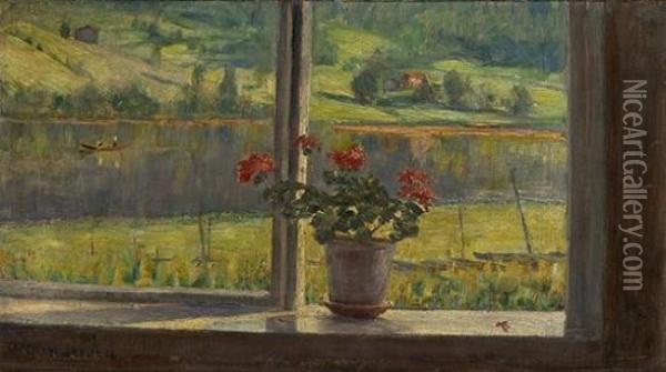View From A Windowwith Geranium In A Pot Oil Painting - Helene Gundersen