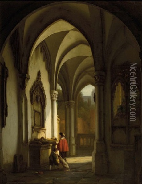Figures At A Tomb In A Cloister Oil Painting - George Gillis van Haanen