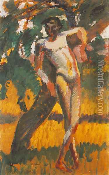 Nude Boy Leaning against a Tree 1911 Oil Painting - Karoly Kernstok