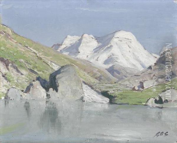 Walliser Gebirgslandschaft Mit Bergsee. Oil Painting - Albert H. Gos
