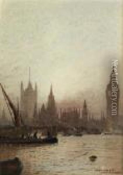 St. Paul's From Bankside; And Westminster Oil Painting - Frederick E.J. Goff