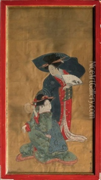 Deux Bijins Dans Un Interieur (kakemono-e) Oil Painting -  Utagawa Toyoharu