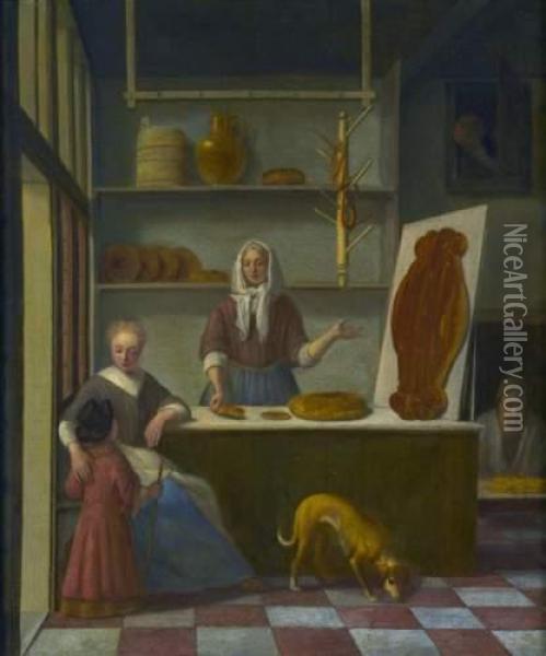 Une Mere Et Son Enfant Dans Une Boulangerie Ou Est Expose Un Gateautaai-taai Oil Painting - Job Adriaensz. Berckheyde