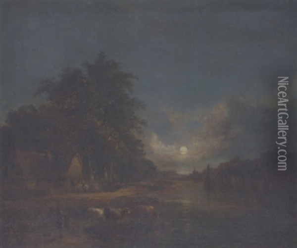 Moonlight River Scene With Cattle Watering Oil Painting - John Berney Crome