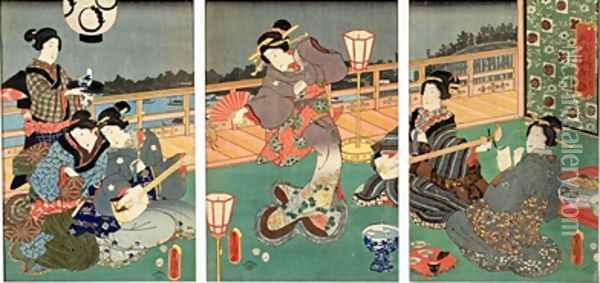 Courtesans Entertaining Oil Painting - Utagawa Kunisada